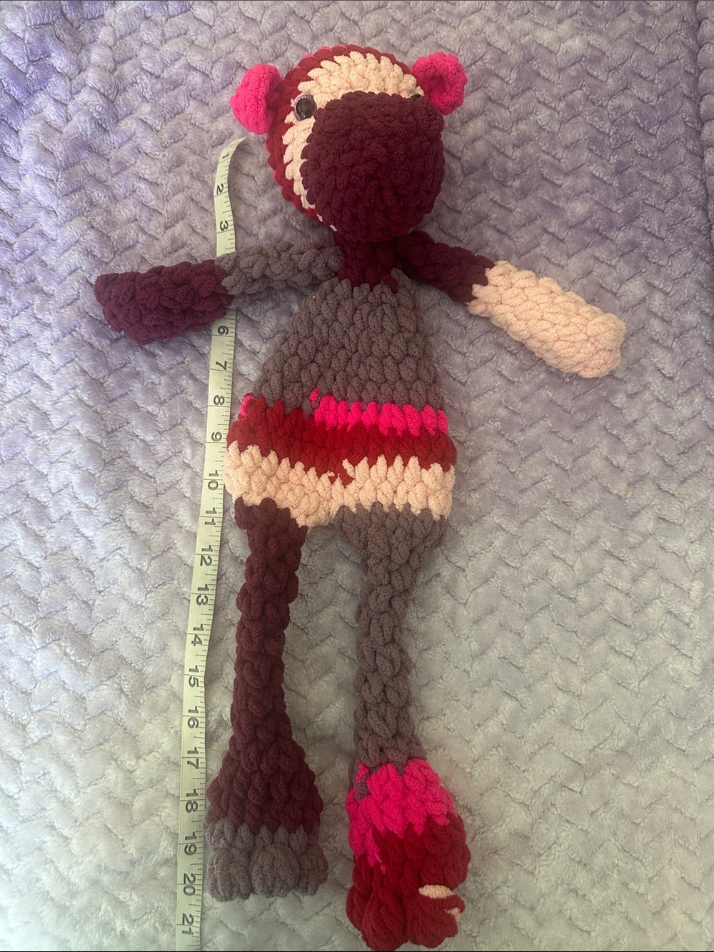 Amigurumi Handmade Chunky color block Monkey - Burgundy, Pink & Cream Snuggler.